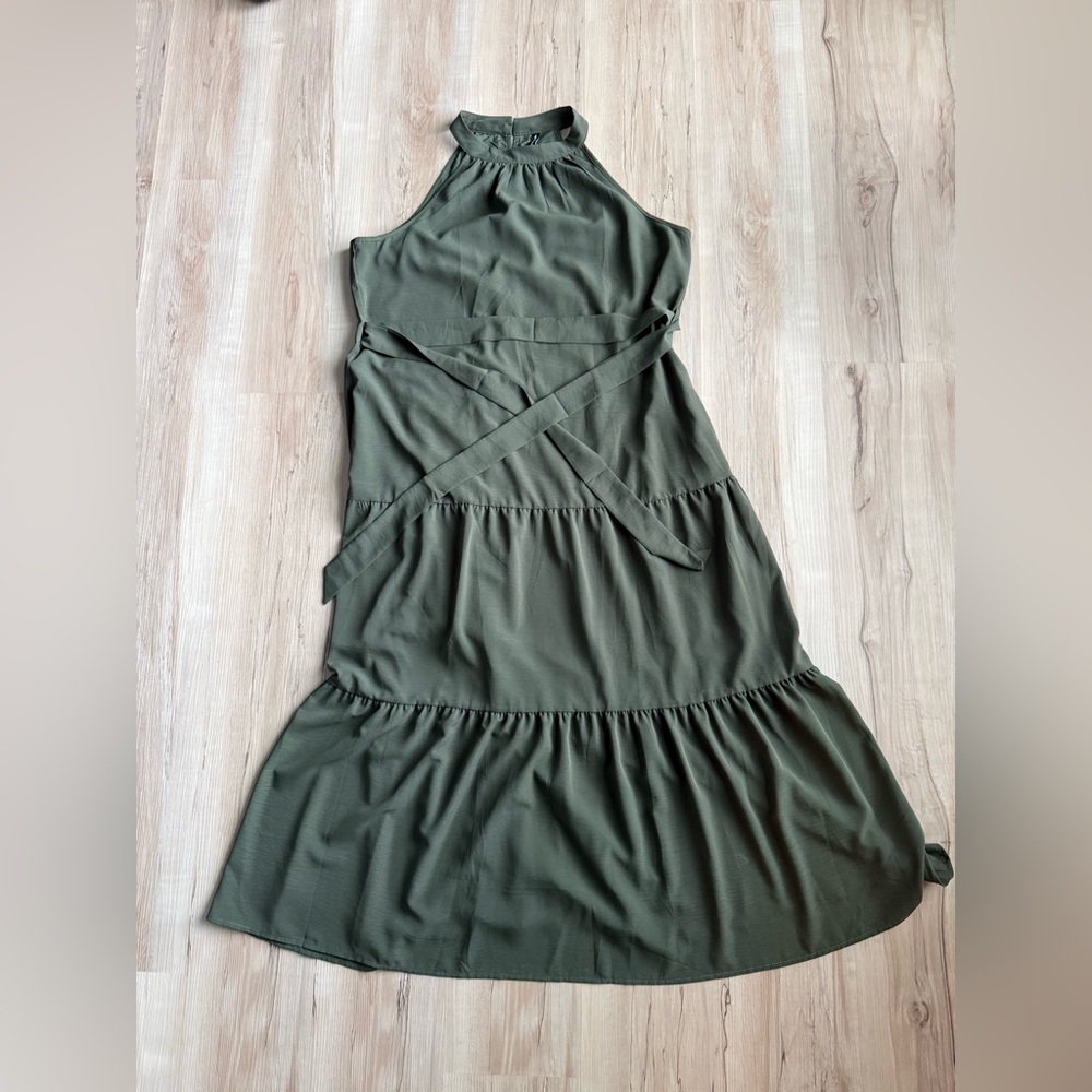 PrettyGarden XL Olive Green Halter Midi Dress Tie Waist Tiered Boho Summer